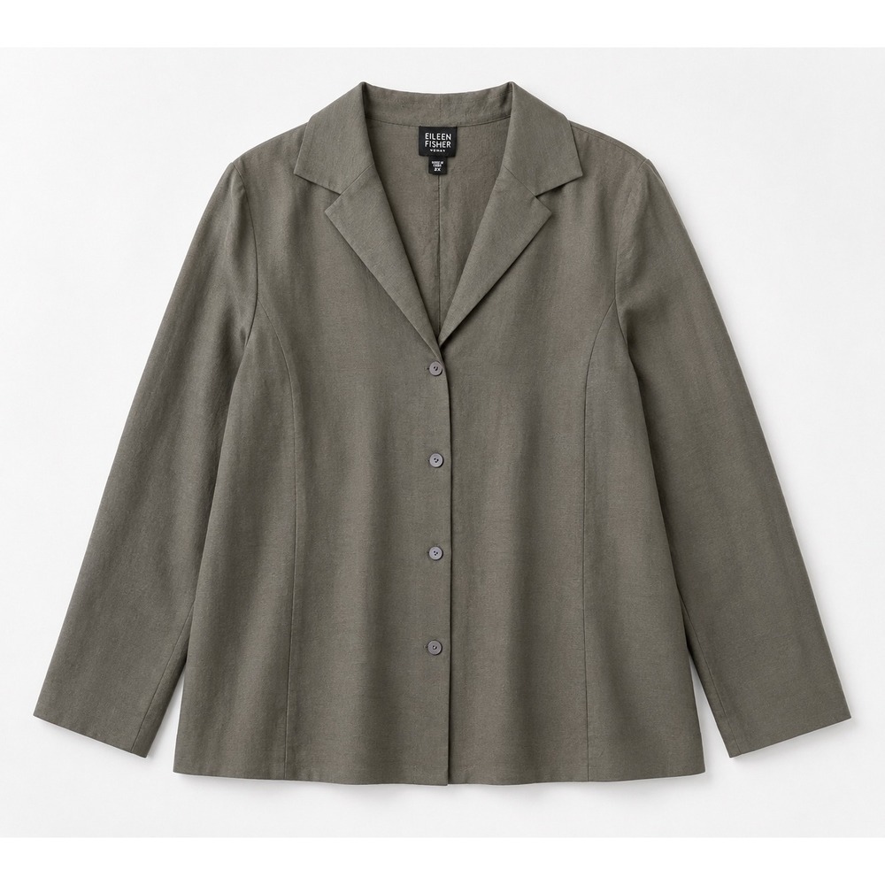 Eileen Fisher Woman 2X Silk Slub Longline Blazer Jacket Gray Button Up